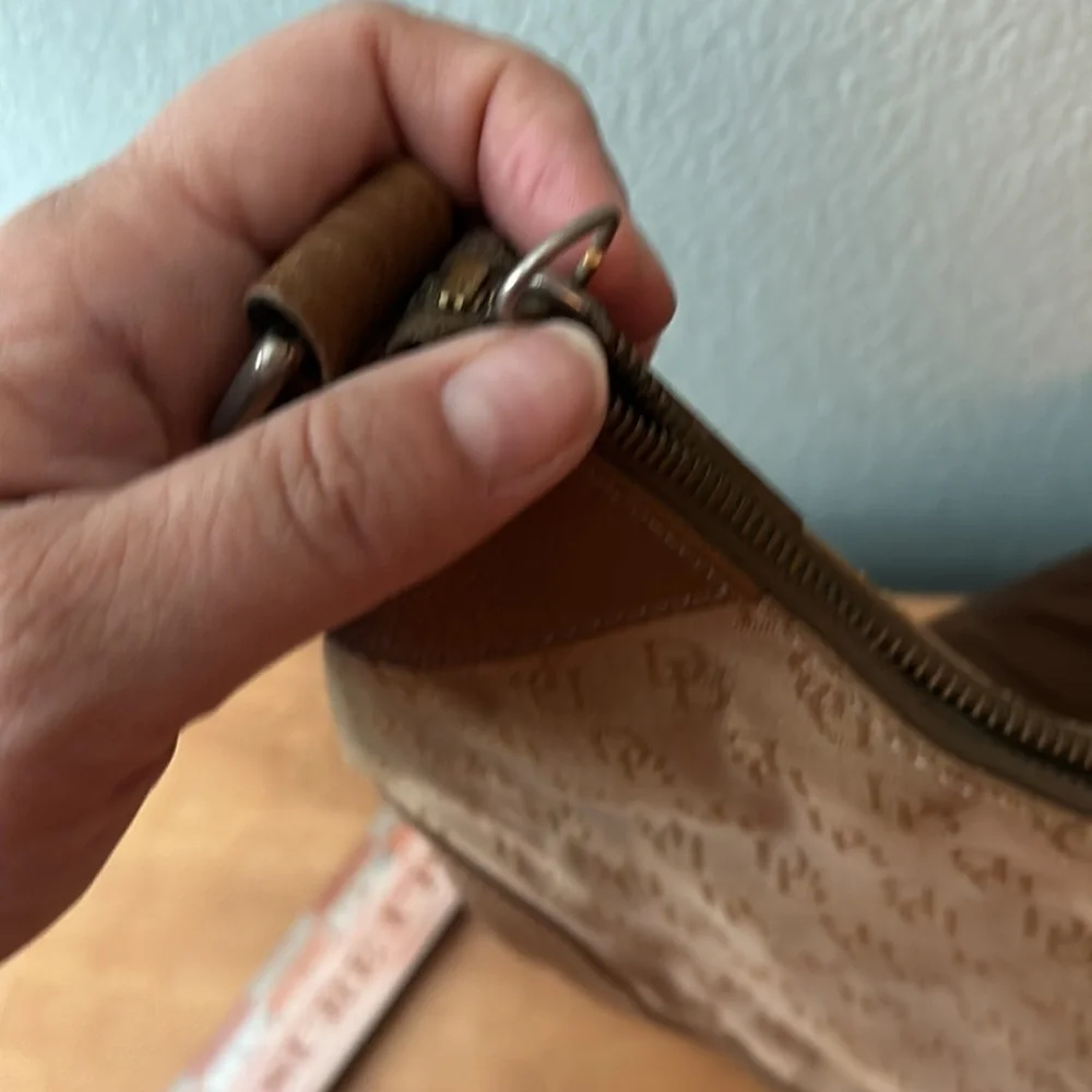 Dooney and Bourke classic monogram canvas and leather Tan color small hobo bag